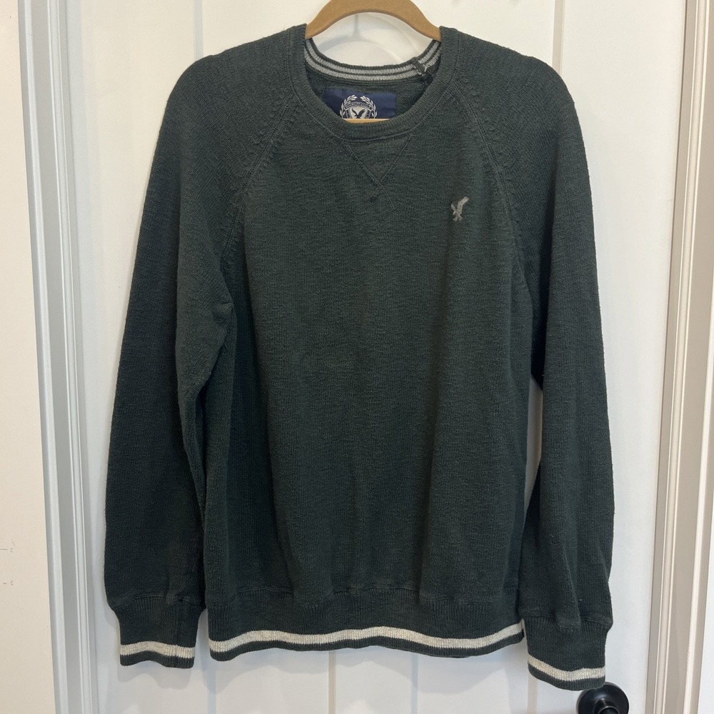 American Eagle Mens Crew Neck Sweater Size Large Dark Green Gray Bands On Hem